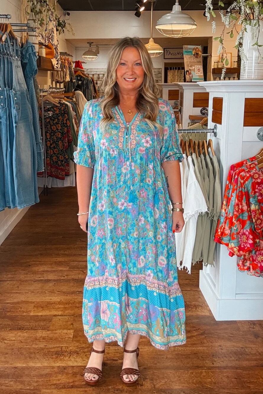 Umgee USA Floral Boho Tassel Tie Midi Dress Puff Sleeve Size M